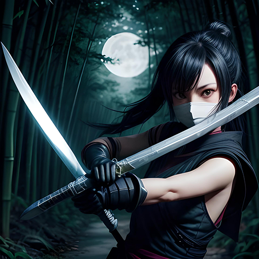 Ninja theme art: ninja girl in moonlit forest with twin blades